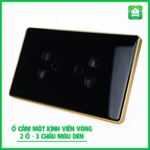 Ổ Cắm Mặt Kính 2 Ổ Có Tiếp Địa Màu Đen Viền Vàng
