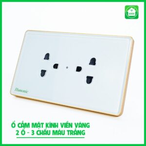 Ổ Cắm Mặt Kính 2 Ổ Có Tiếp Địa Màu Trắng Viền Vàng